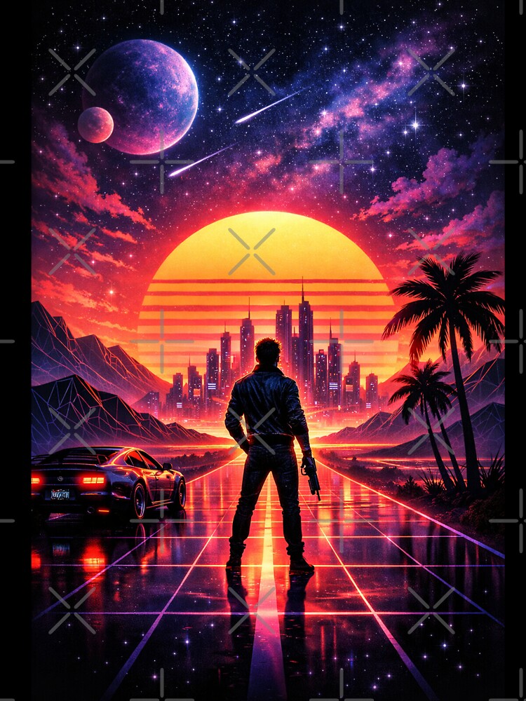 Synthwave Outrun City – Neon Cyberpunk Sunset Grid Retro Futuristic Artwork by 486DesignCo