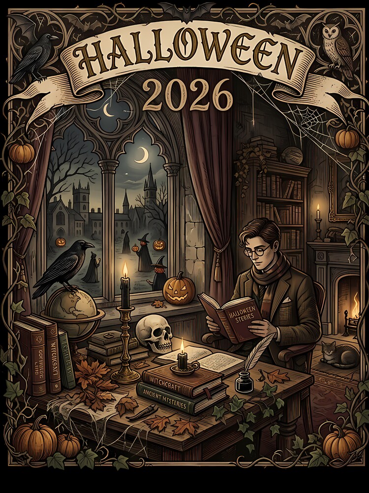 Halloween 2026 Dark Academia Library Reading Gothic Illustration by DarkOriginArts