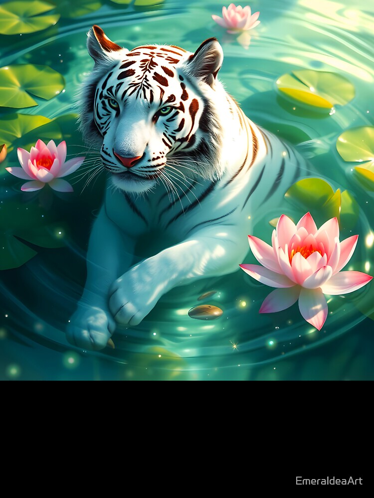 Swimming bathing white tiger in green lake among waterlilies beautiful feline big cat digital art animal portraiture by EmeraldeaArt