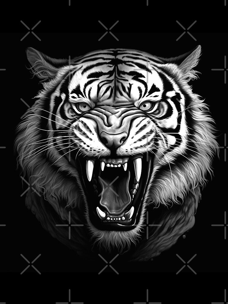 Black and White Roaring Tiger Head Art by inkoutninja