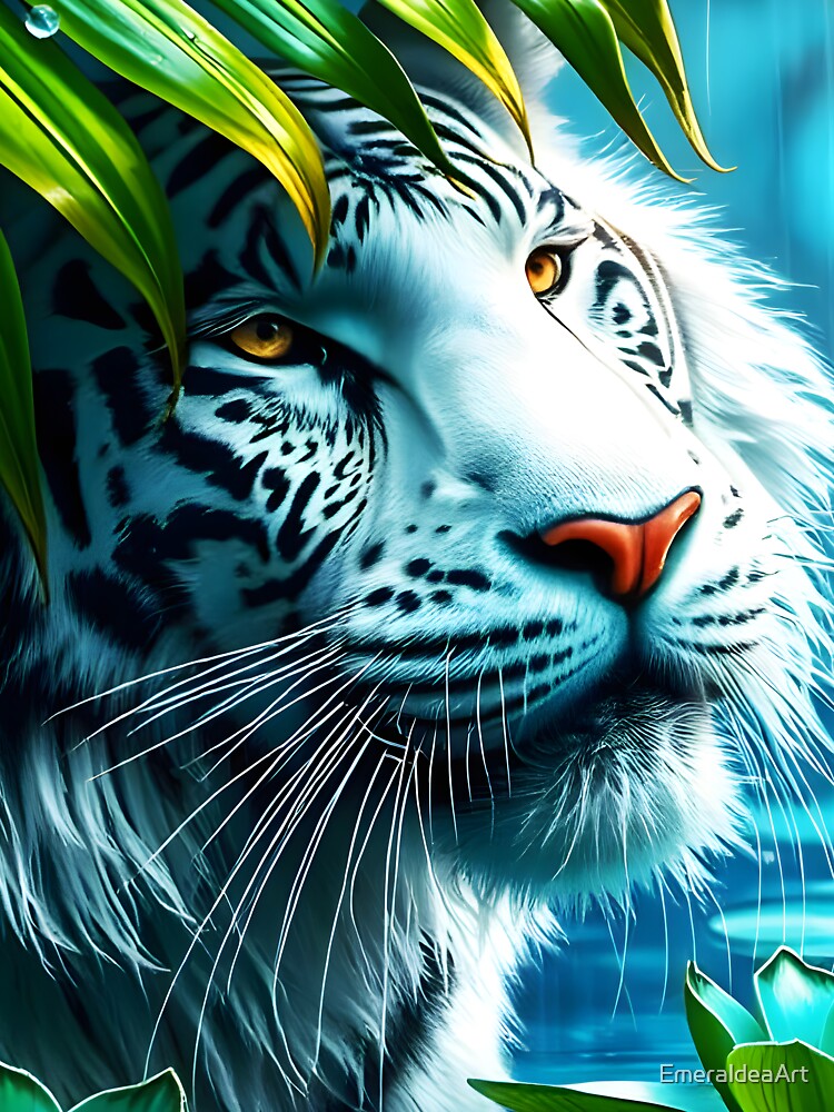 White Tiger Under Palm Leaf in Rain – Crystal Clear Digital Art (2:3 Card Edition) by EmeraldeaArt