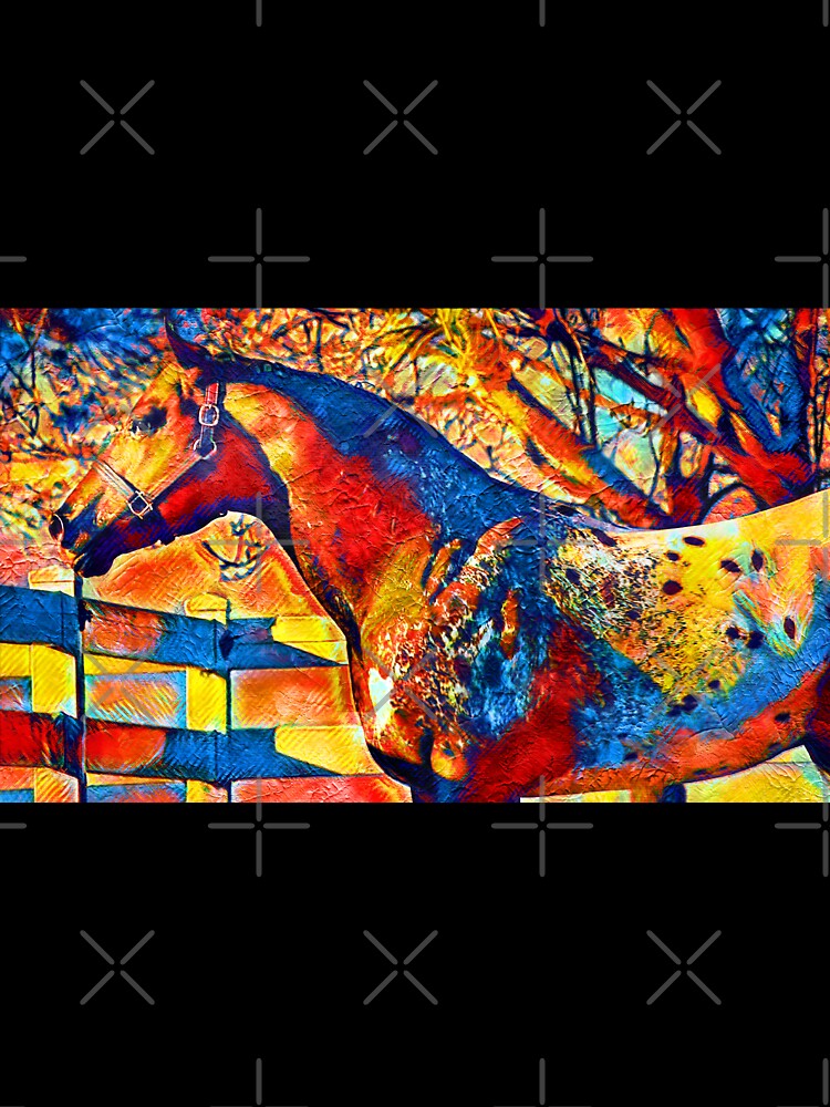 Appaloosa horse sitting near a tree and fence – colorful painting in blue, red and yellow by NickoPrints
