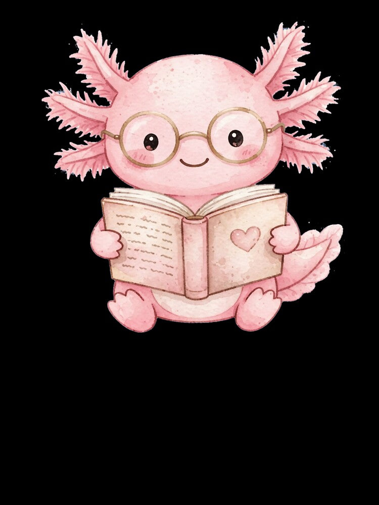Cute Axolotl Reading Book - Kawaii Book Lover Watercolor by Fulaly
