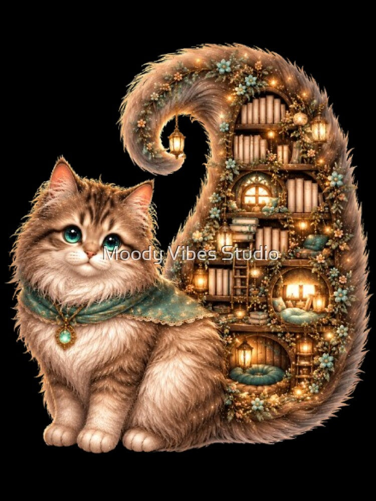 Enchanted Library Cat Fantasy Art Print by Moody Vibes Studio