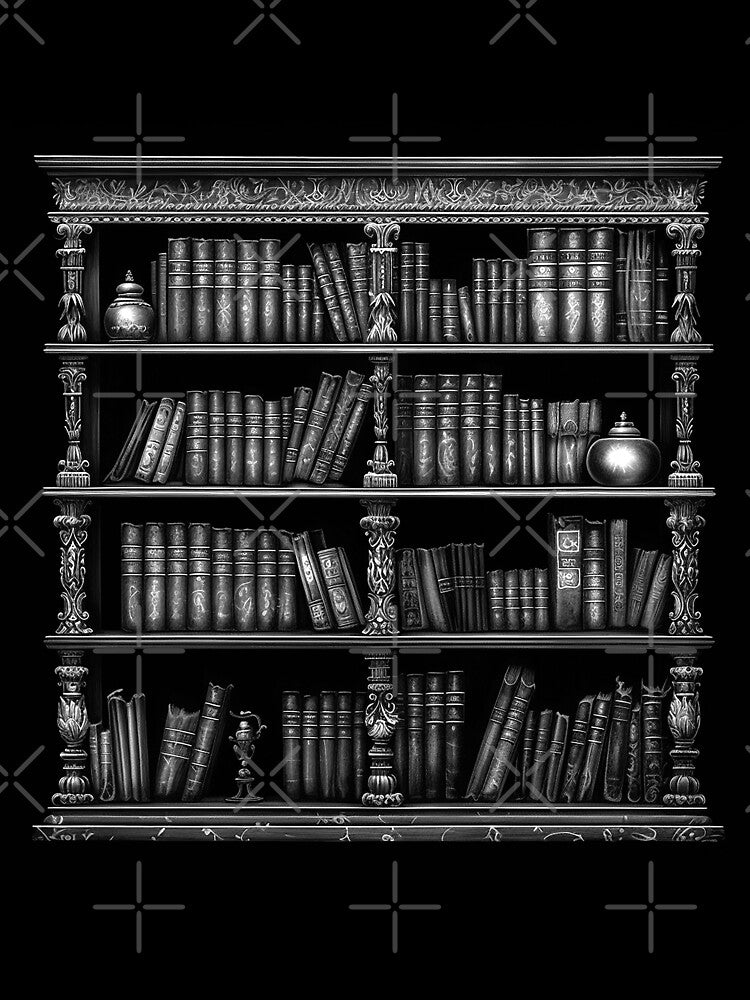 Ornate Vintage Bookshelf | Black and White Library Illustration by inkoutninja