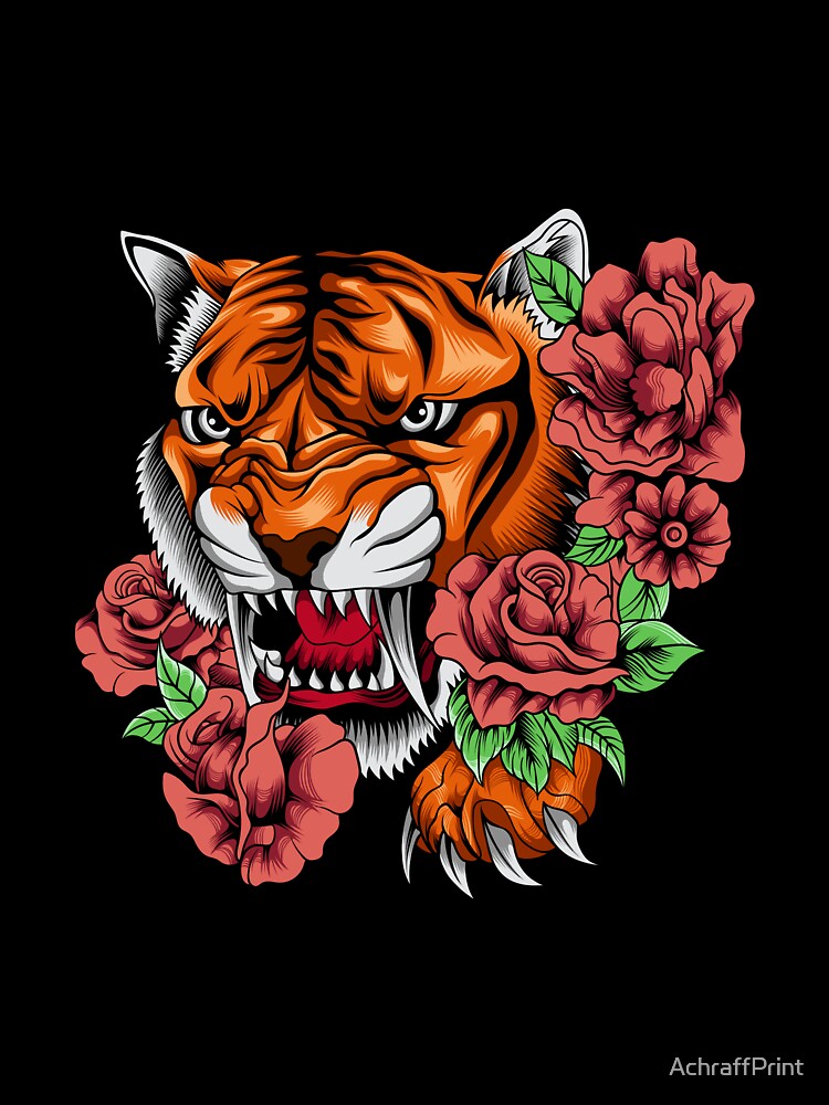 Tiger Head With Roses by AchraffPrint
