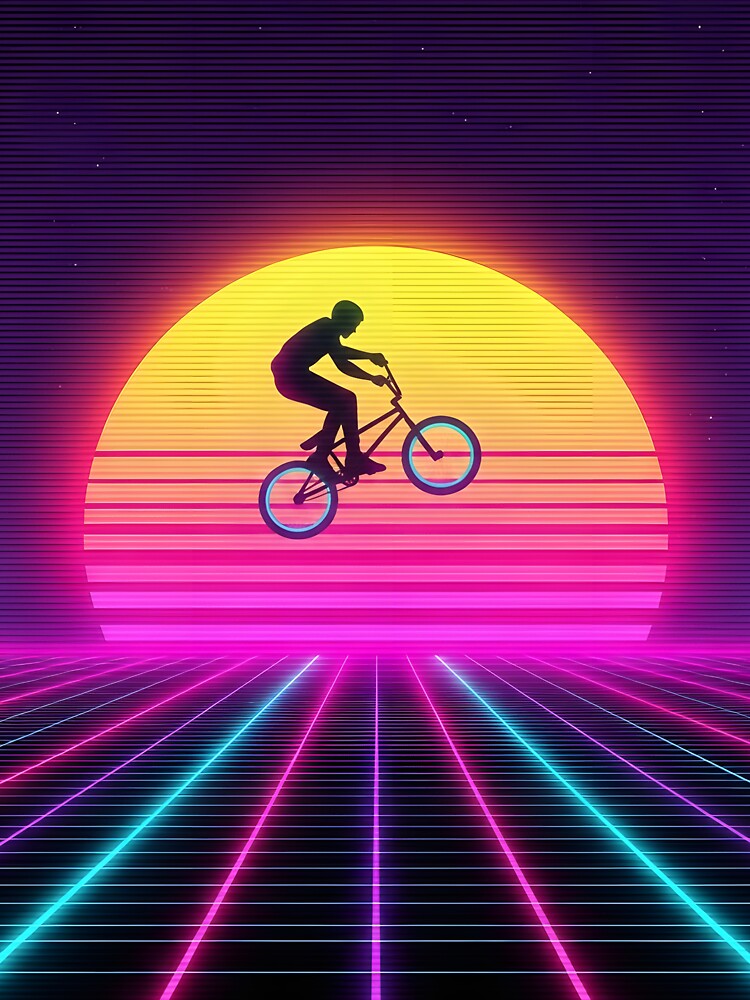 Retro BMX Synthwave Rider - 80s Sunset Grid Art by powersunlight