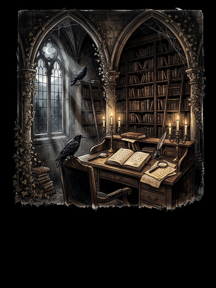 Gothic Library Study - Moody Dark Academia Aesthetic Raven and Books by VineVibe16Studio