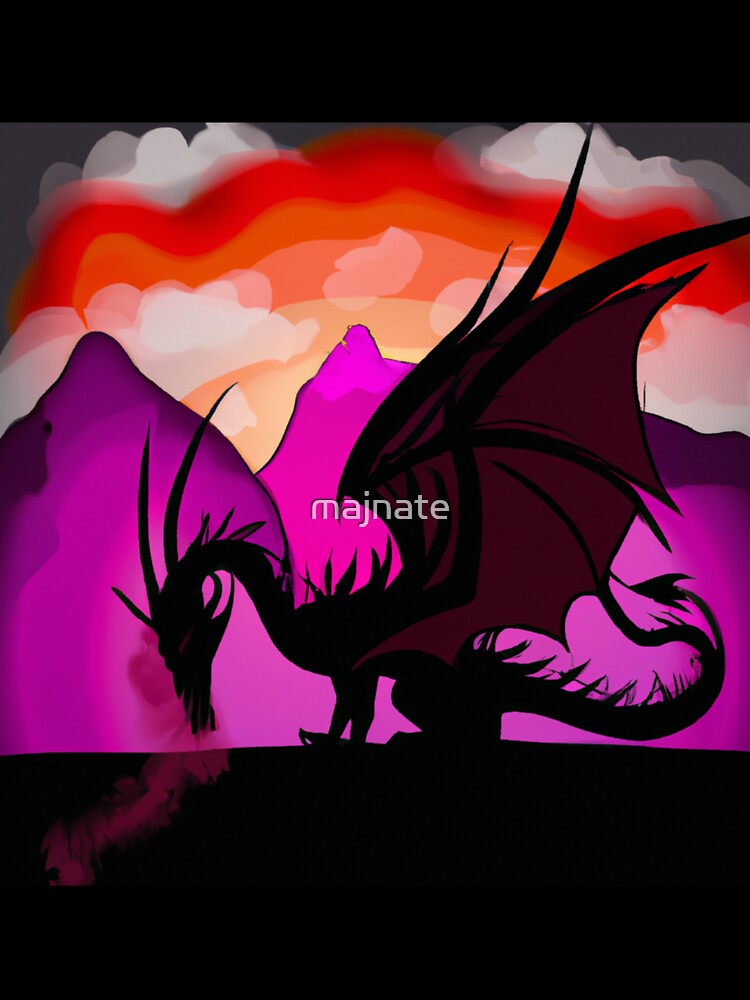 Dragon's Fury: A dragon unleashes its fiery breath against the rugged mountainous terrain and vibrant hues of a setting sun by majnate
