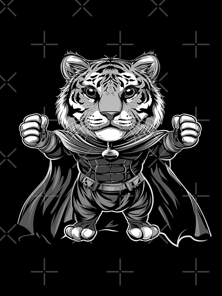 Cute Superhero Tiger Black and White Cartoon Illustration by inkoutninja