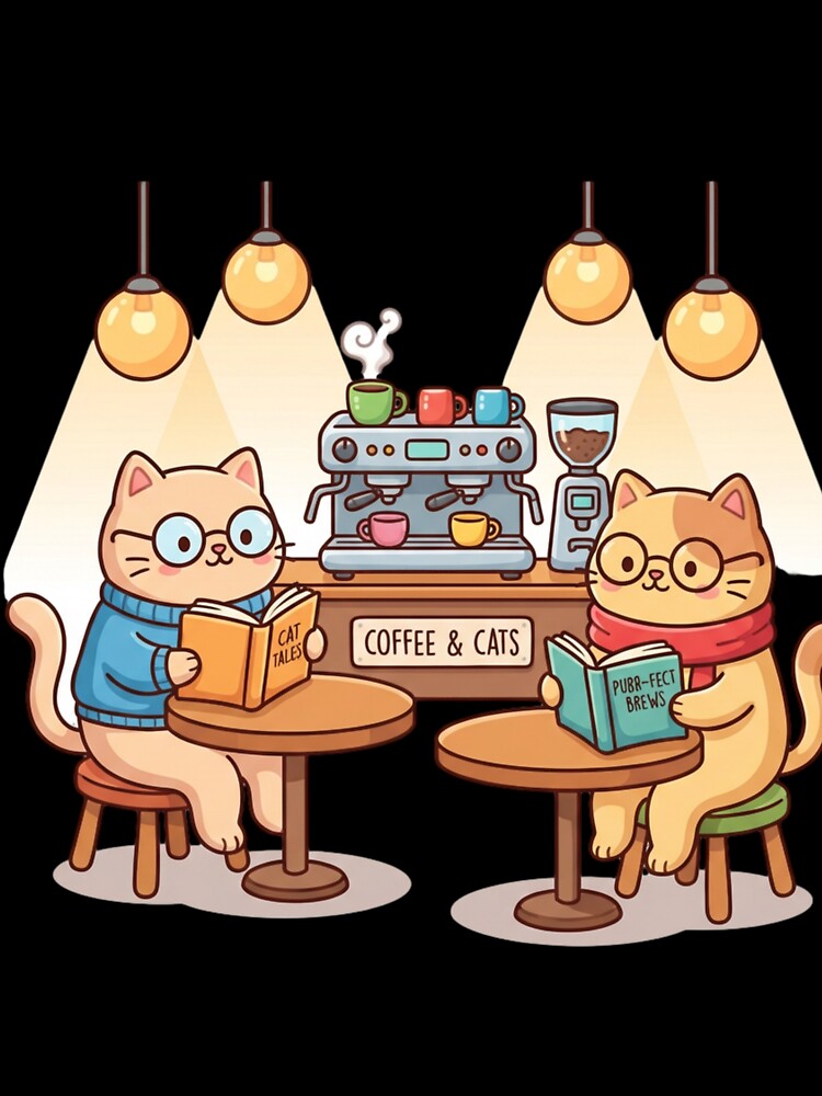 "Coffee & Cats" Cafe Illustration - Scholar Kitty Reading Nook Wall Art - Purr-fect Brews Whimsical Decor by HappySproutArt