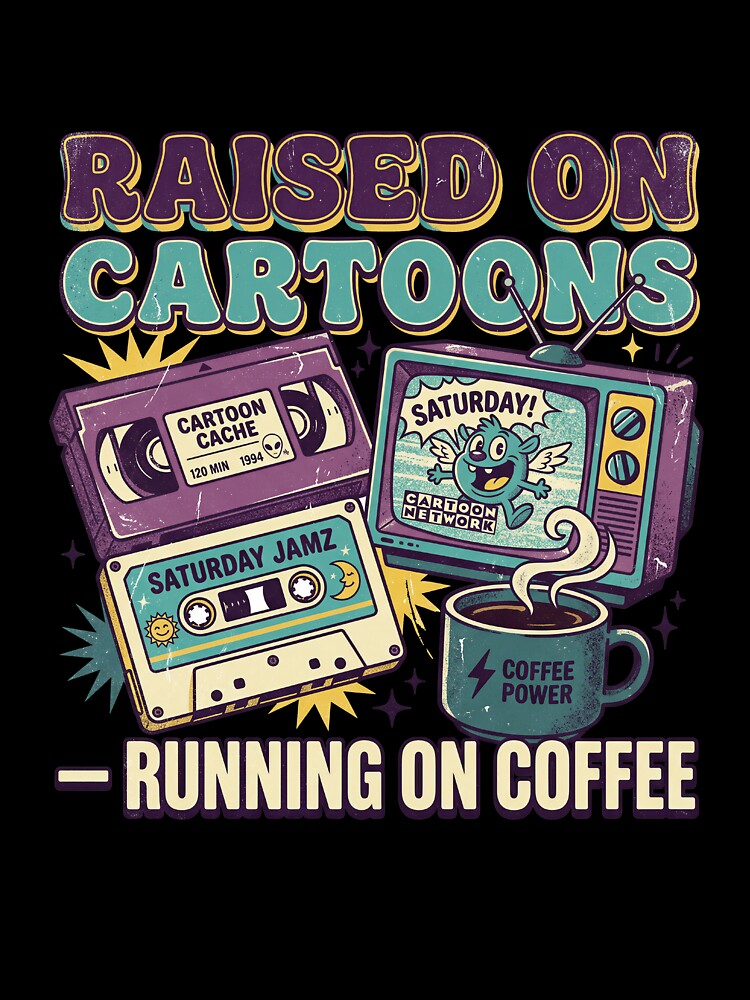 Raised On Cartoons Running On Coffee 90s Dad Retro Fathers Day Shirt by DESIGN BUREAU
