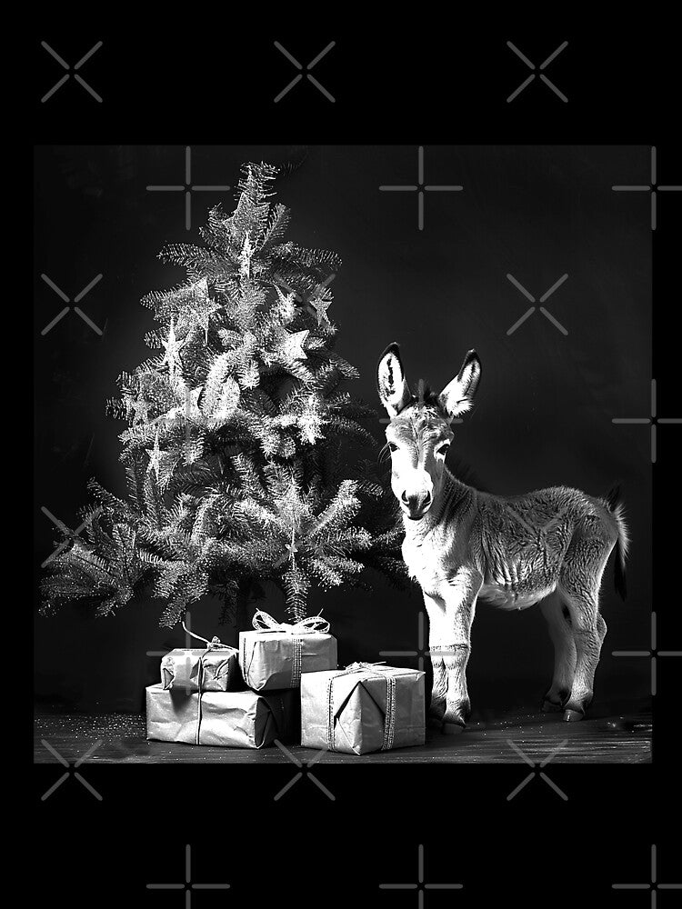 Christmas Donkey by the Tree – Black and White Rustic Holiday Art by inkoutninja