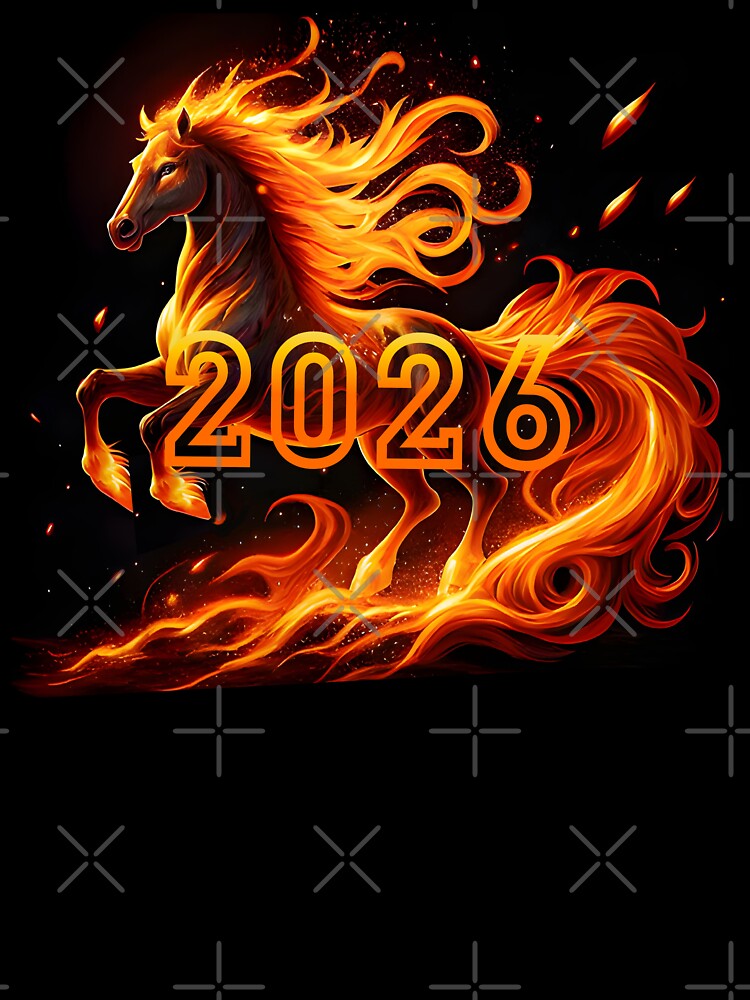 poster, postcard, stickers, magnets fiery horse, 2026 Year of the Fire Horse, Happy New Year! numbers fire on black background by orthodox-icon