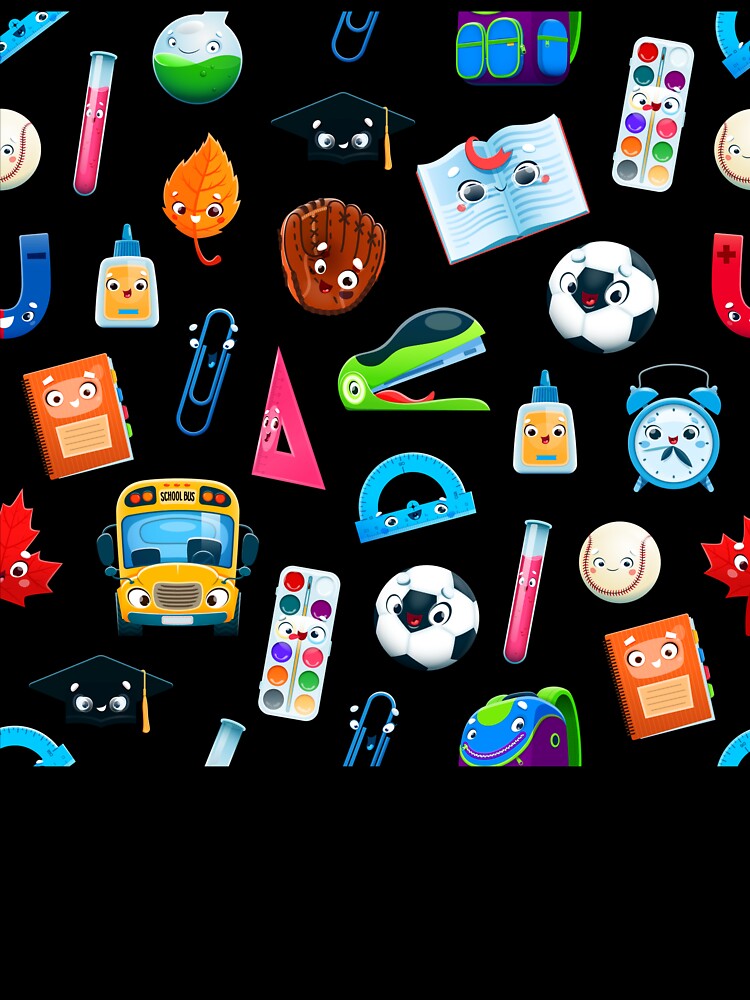 Cartoon School Supplies & Sports Pattern – Fun Back-to-School Kids Clothing Design by FestivityFinds