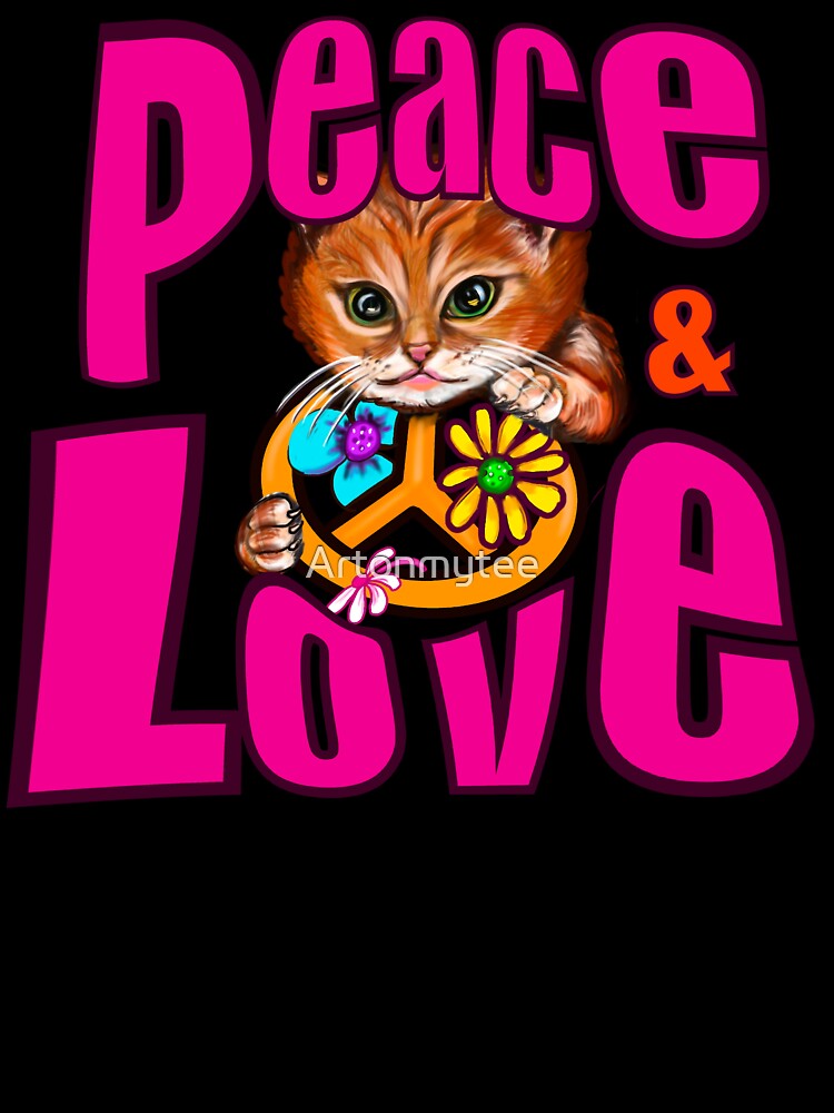 Peace & Love Cat – Retro 70s Pink Floral Aesthetic with Cute Kitten by Artonmytee