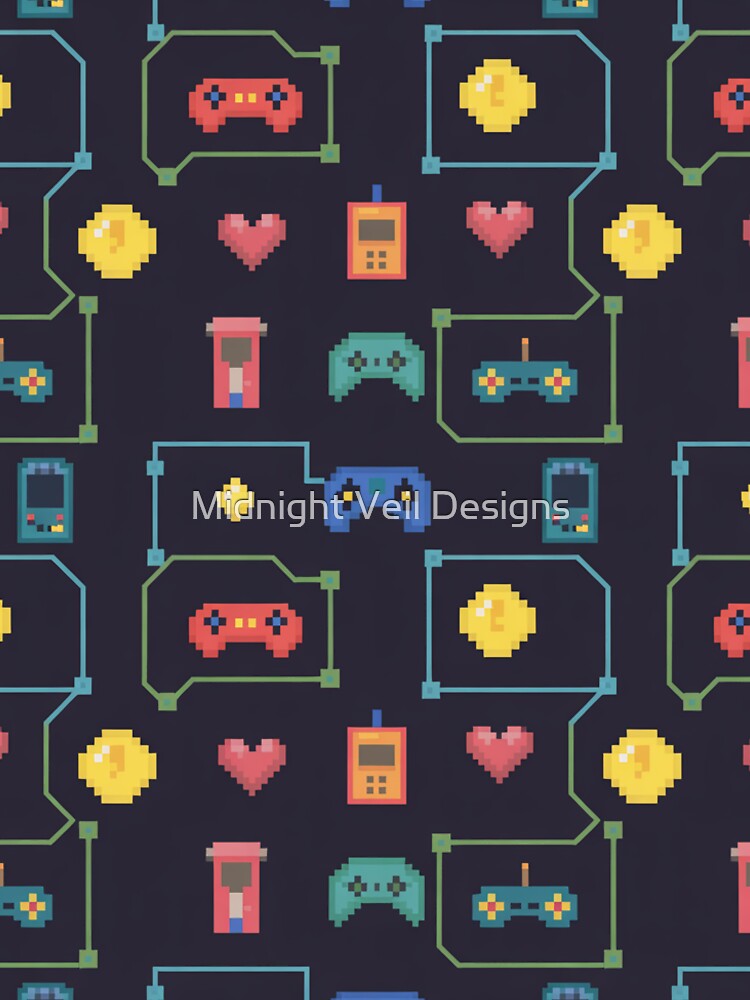 Retro Pixel Gaming Seamless Pattern | 8-Bit Controllers Coins Hearts Dark by Midnight Veil Designs