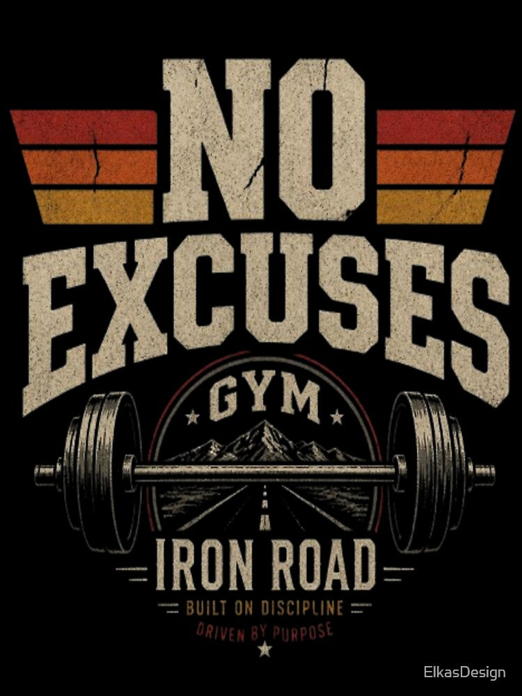 No Excuses Iron Road Gym Retro 70s Bodybuilding Motivation by ElkasDesign