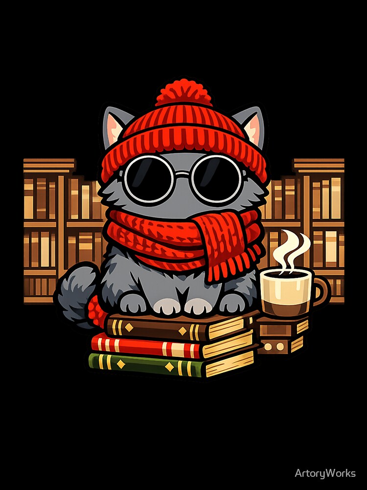 Cozy Cat Books Coffee Library — Kawaii Winter Reading Art by ArtoryWorks