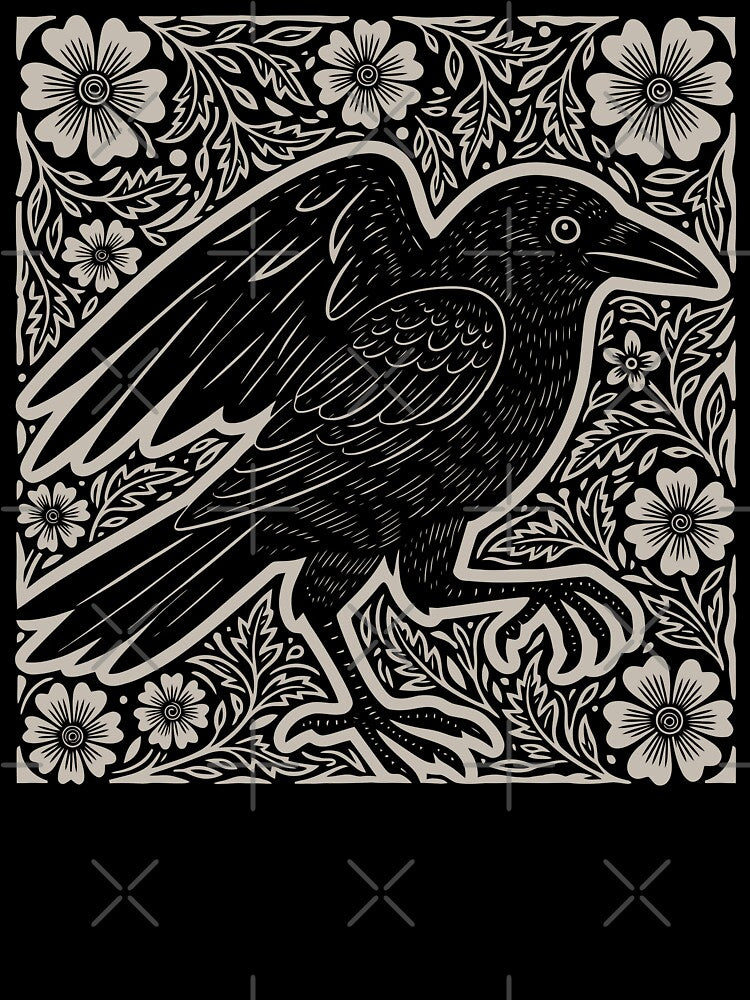 Gothic Raven Linocut Style Floral Bird by Y-Vibes