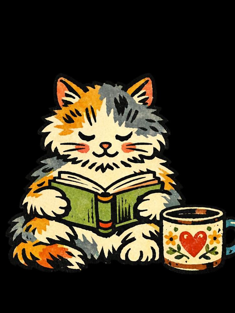 Cozy Folk Art Calico Cat - Vintage Book Lover Illustration by HappySproutArt