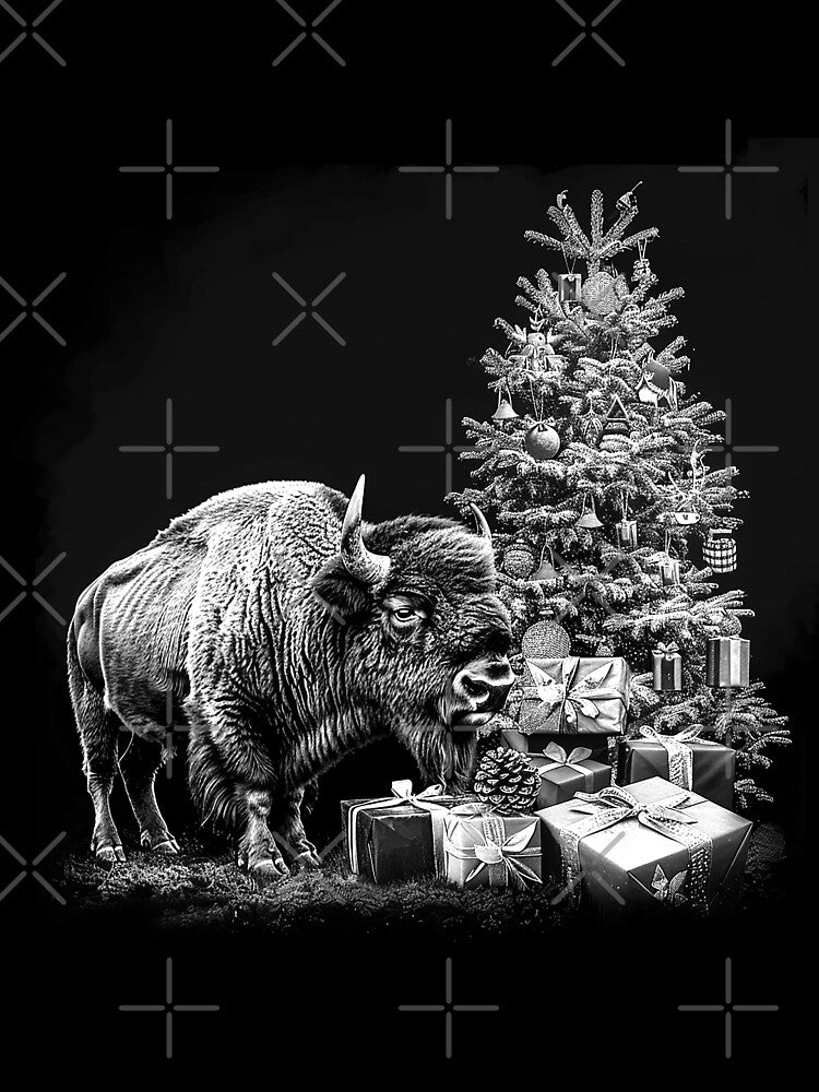 Christmas Bison with Gifts – Black and White Holiday Wildlife Art by inkoutninja