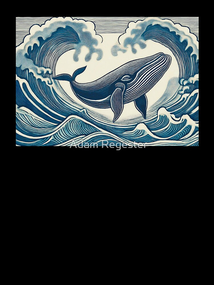 Whale Jumping Above The Waves Linocut Style Illustration by Adam Regester