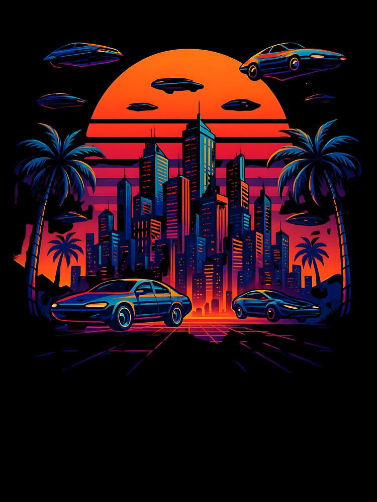 Retrofuturistic Sunset Cityscape – Synthwave Flying Cars & Neon Skyline by JaroPrints