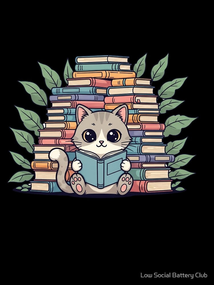 Cute Bookworm Cat – Cat Reading Books Illustration by Low Social Battery Club