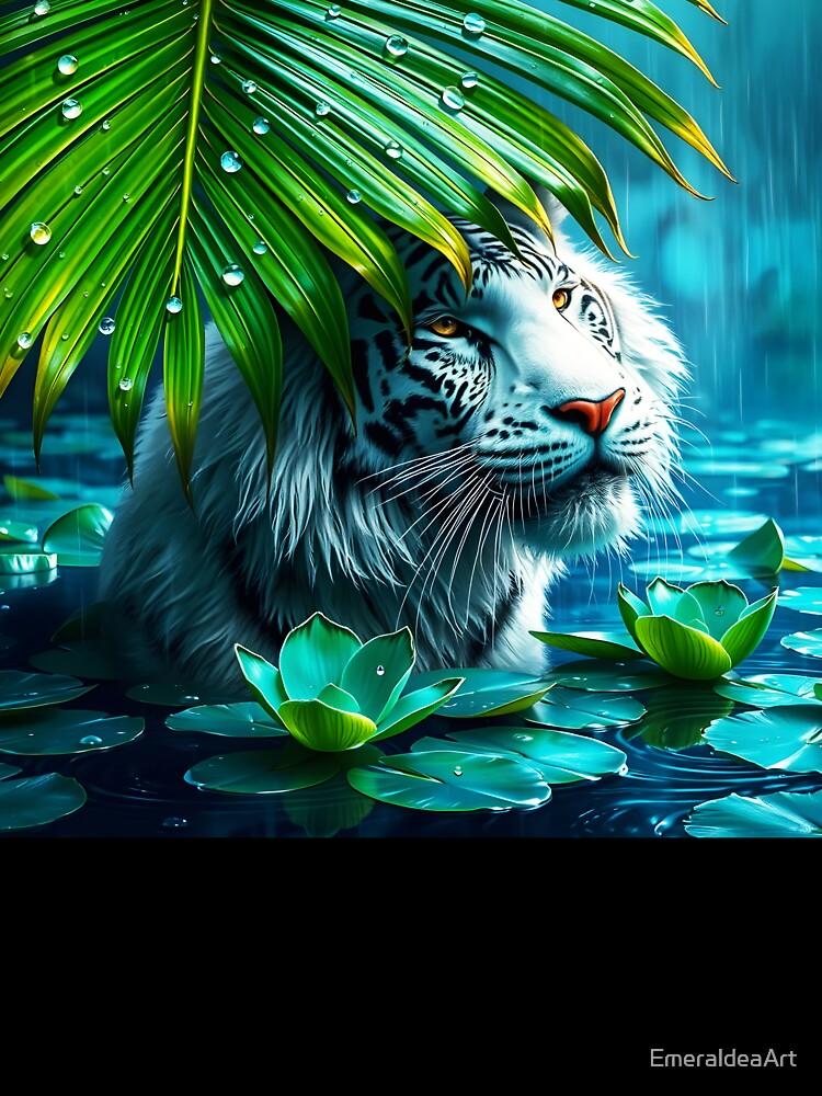 long hair white tiger under a huge palm leaf in a lake during rain raindrops on leaf crystal clear digitalart by EmeraldeaArt