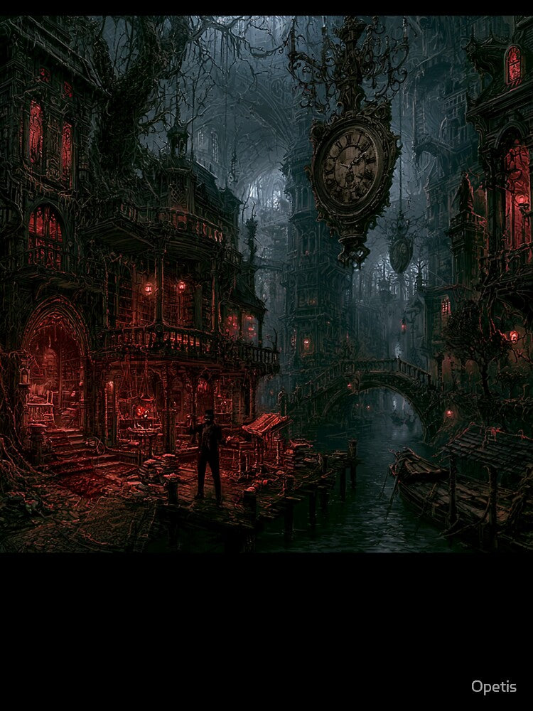Velmoor: The Scholar's Dock | Dark Fantasy Gothic Library Canal Art Print by Opetis