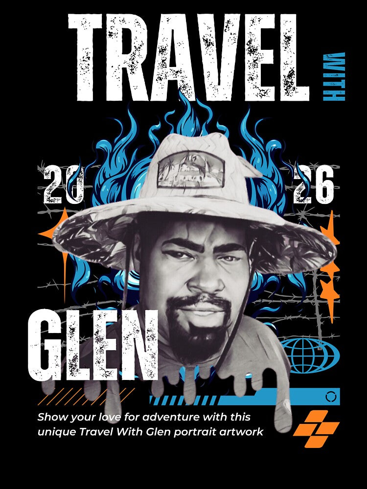 Travel With Glen V3 Blue bk-bg – Signature Travel Portrait Art | Adventure, Explorer & World Traveler Design by buycostarica