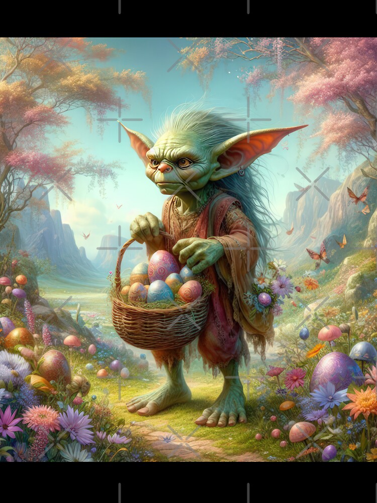 Goblin with a basket of Easter eggs in the forest flowers fantasy easter landscape by Expressions-Sel