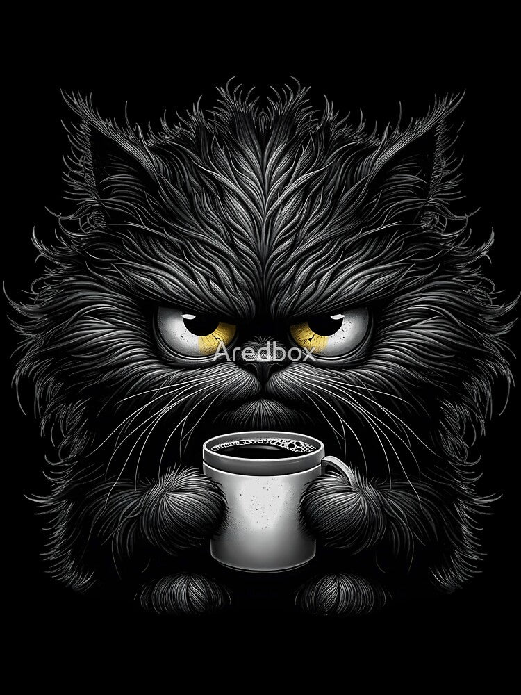 Grumpy Black Cat with Coffee – Funny Moody Morning Design by Aredbox