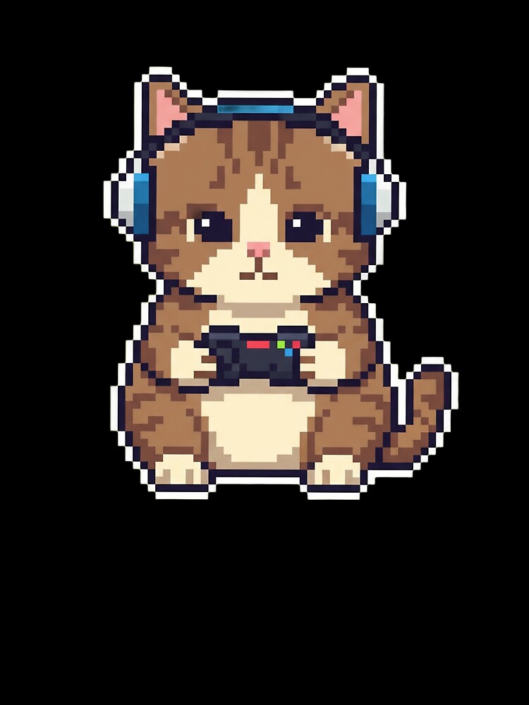 Cute Pixel Gamer Cat with Blue Headphones by BlurBlurDesign