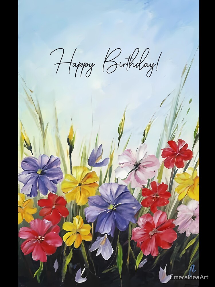 Happy Birthday message on a floral colorful painting by EmeraldeaArt