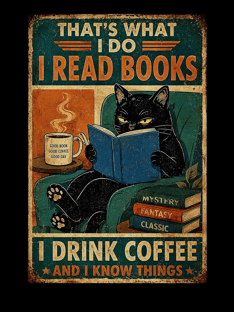 Vintage Black Cat Reading Books with Coffee Cozy Bookworm by eliramaison