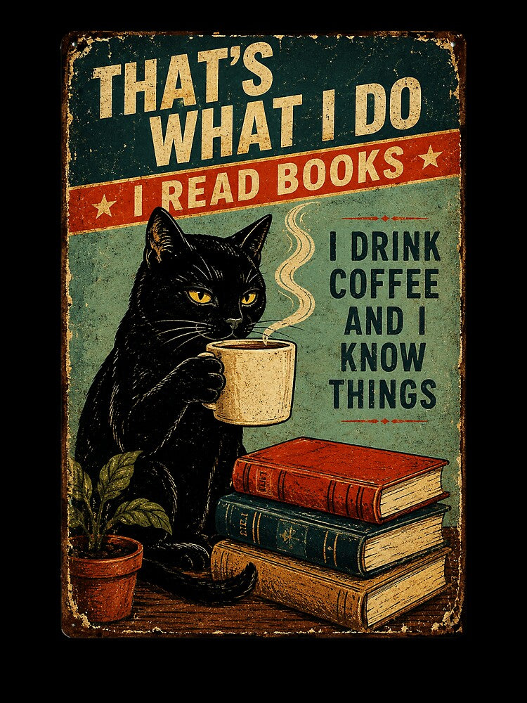 Black Cat Reading Books and Drinking Coffee Vintage Humor by eliramaison