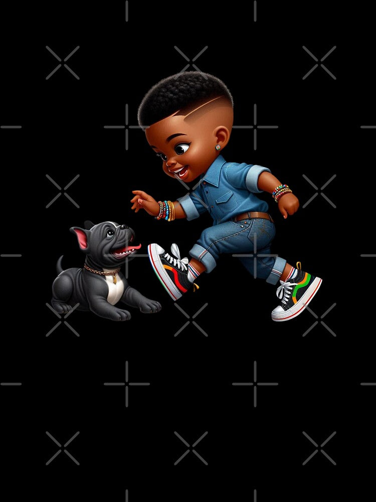 Playful Kid Cartoon Art with Puppy | Denim Outfit Style by Lulunza