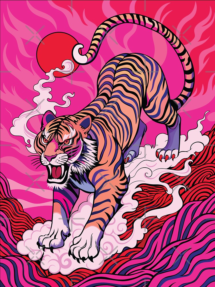 Retro Sunrise Japanese Fierce Pink Tiger by FemmePod