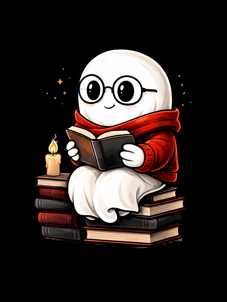 Bookworm Ghost – Dark Academia Cute Reading Aesthetic Cartoon by ColorSplash123