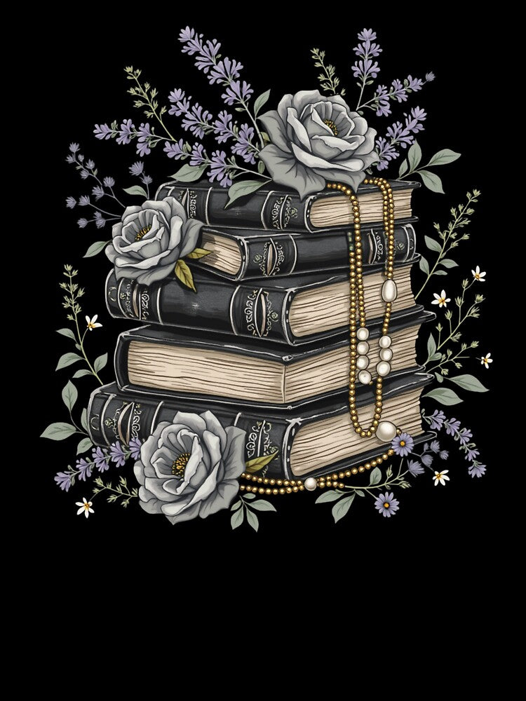 Dark Academia Vintage Book Stack with light purple liliac lavander Roses and Pearls – Aesthetic Gothic Floral Library Design by Fantasy Cache