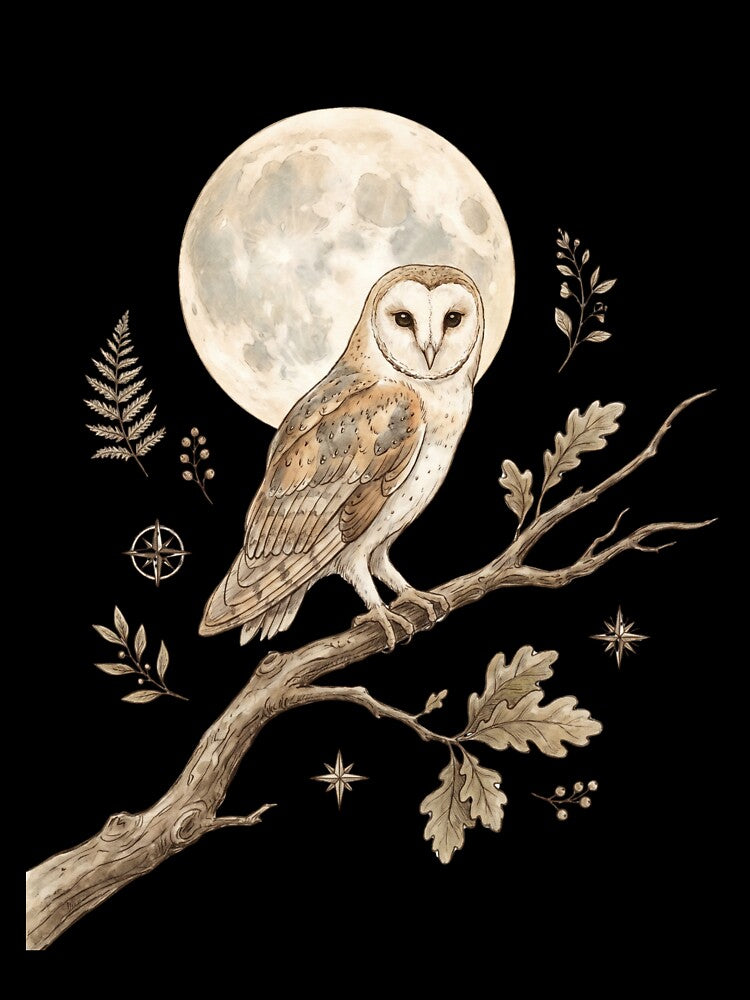 Barn Owl on Moonlit Branch | Celestial Botanical Style by Ortsas