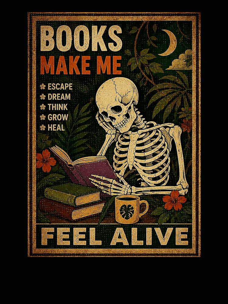Books Make Me Feel Alive Gothic Skeleton Reader Vintage Library Poster by ferminhays