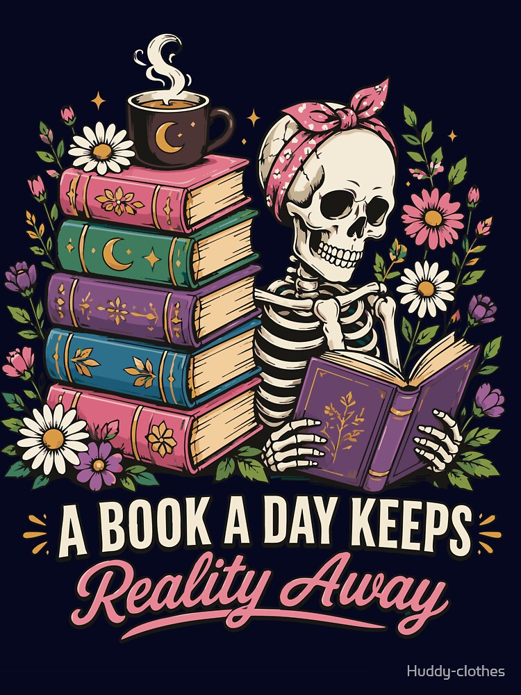 A Book a Day Keeps Reality Away – Gothic Skeleton Book Lover Floral Reading Vector Design by Huddy-clothes