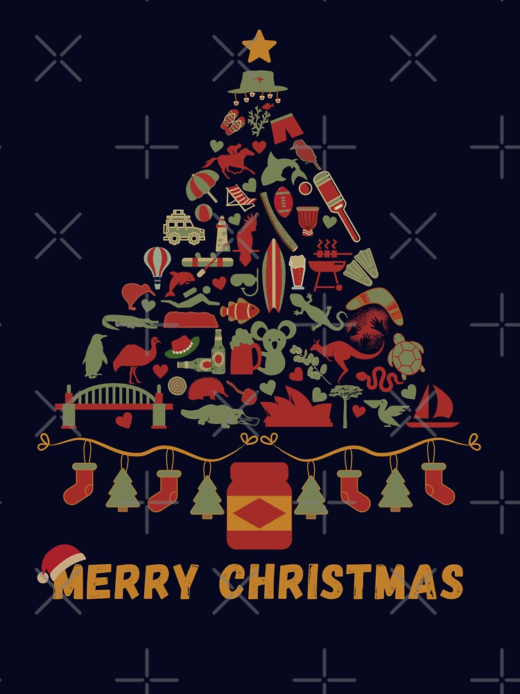 Merry Christmas Australia | Australian Christmas Tree Made Up of Icons/Symbols  (in Vintage Xmas Colors, also available in Bright Colors) by InkItStudio