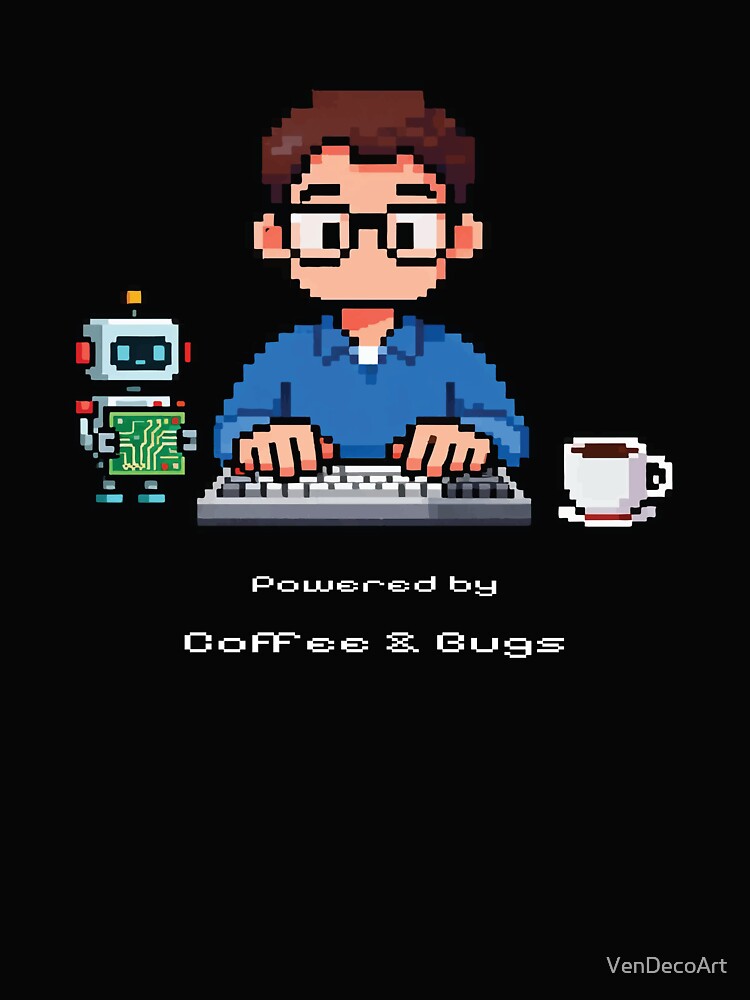 Powered by Coffee & Bugs – Pixel Programmer Design by VenDecoArt