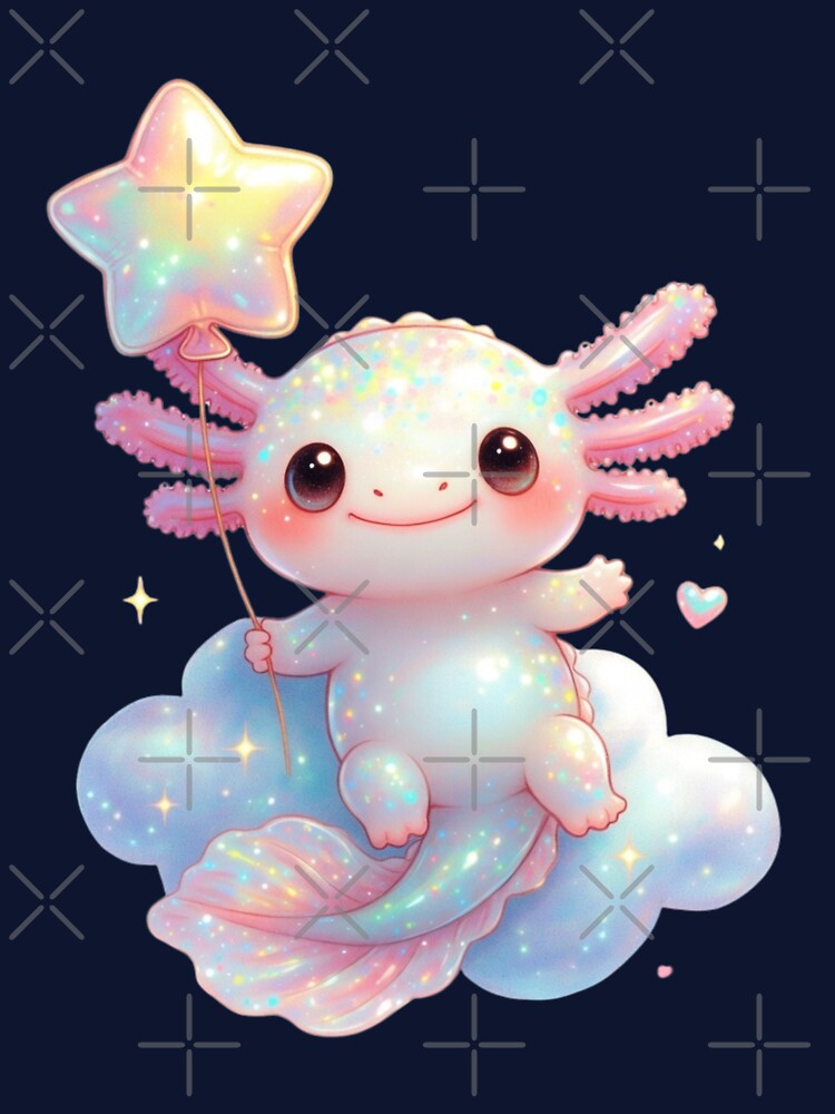 Kawaii Axolotl Floating on Cloud With Star Balloon Cute Pastel Art by GrumpySableye