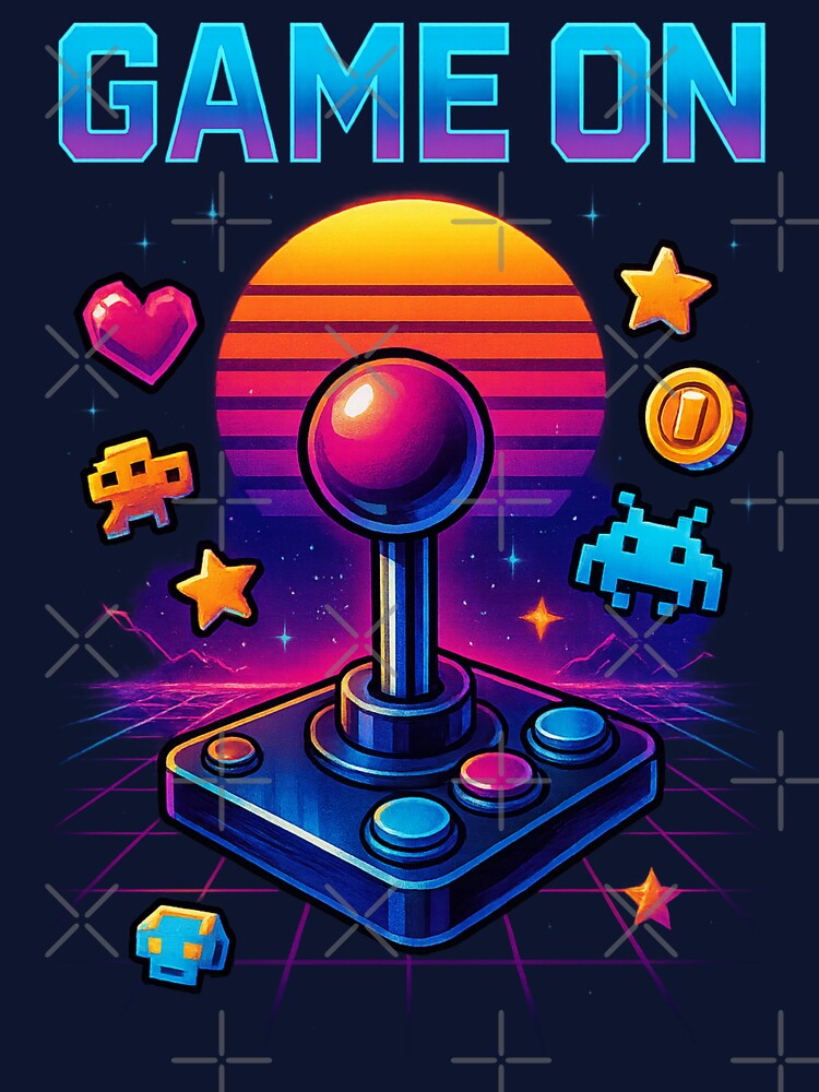 Retro Gaming Synthwave – Pixel Art Sunset with Neon Joystick by Designforyou86
