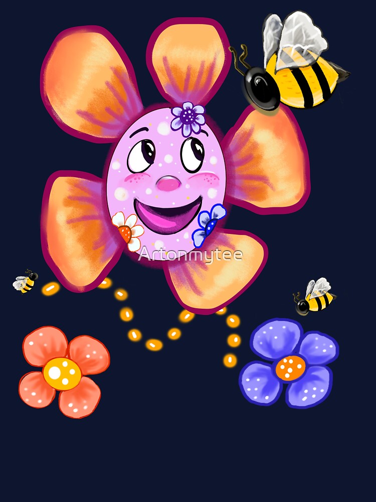 Retro Smiley Flower & Happy Bee – 70s Floral Good Vibes Design by Artonmytee